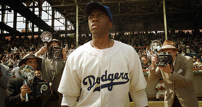 Cahdwick Boseman delivers a quality, convincing performance as Jackie Robinson the ballplayer and husband.
